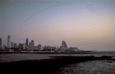 Mumbai skyline at dusk, dithered